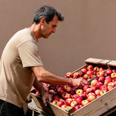 Man picking red apples from crate