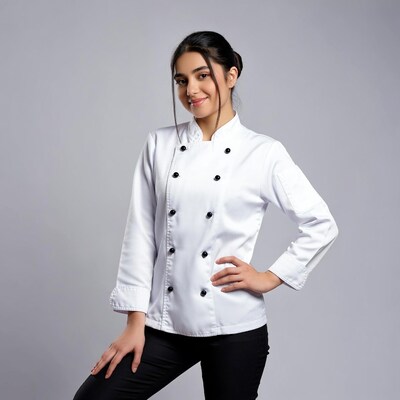 Smiling woman in white chef uniform
