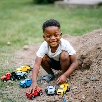 Black boy playing toy trucks dirt