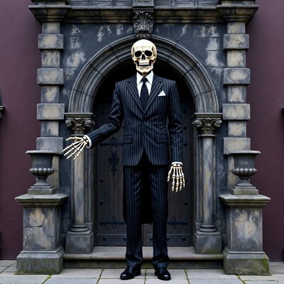 Skeleton in Suit at Gothic Doorway