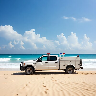 White police truck on beach