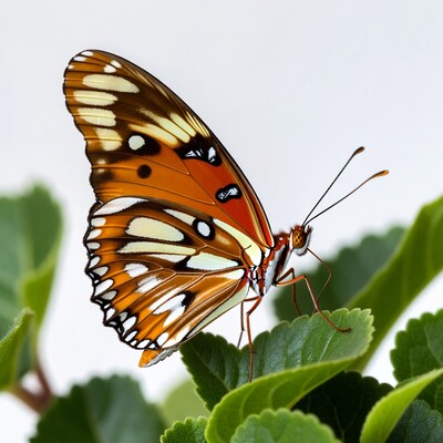 Orange butterfly on green leaves