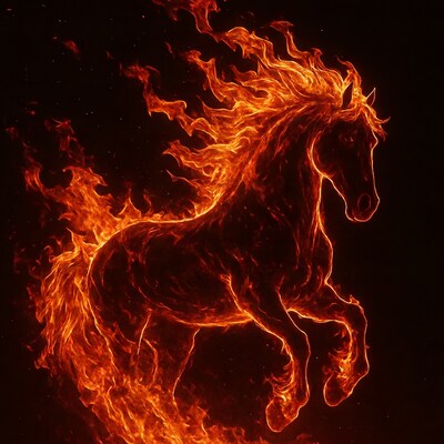 Fiery Horse Rearing on Black Background
