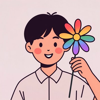 Boy holding rainbow daisy flower