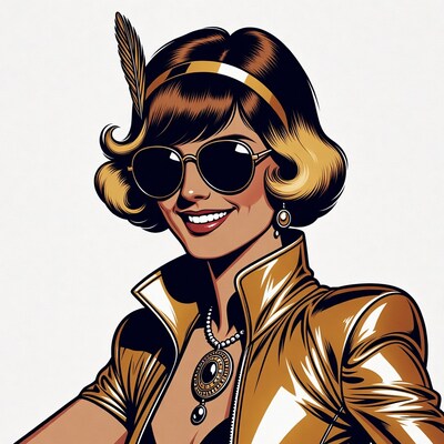 Flapper woman in gold jacket smiling