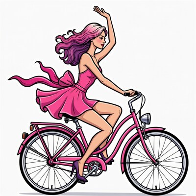 Woman riding pink bicycle illustration