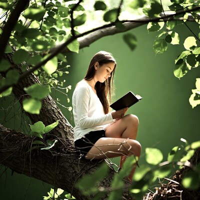 Woman reading book in tree