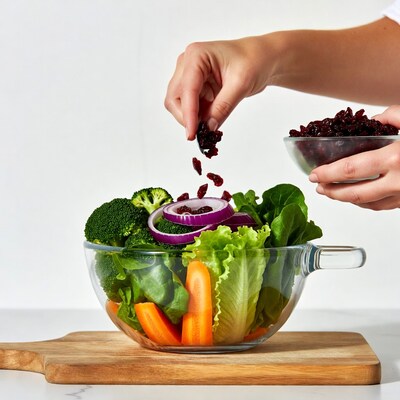 Hands adding raisins to vegetable salad