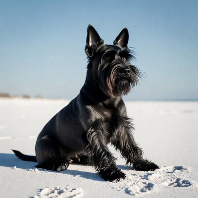 Black Schnauzer sitting on snowy beach