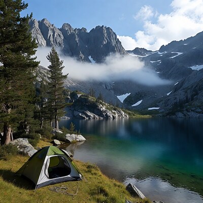 Green tent by alpine lake mountains