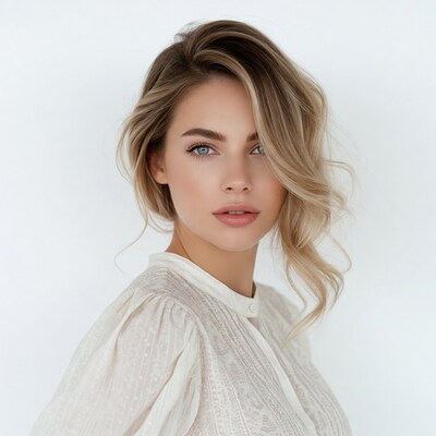 Woman with blonde hair in white blouse