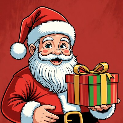 Cartoon Santa holding Christmas gift