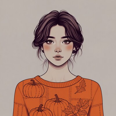 Asian woman in pumpkin sweater