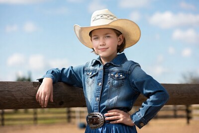Girl in cowboy hat leaning on fence