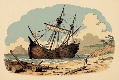 Shipwrecked Galleon on Beach with Man