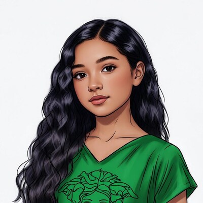 Asian girl in Versace green top