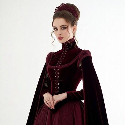 Woman in maroon velvet Victorian gown