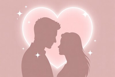 Couple silhouette in glowing heart