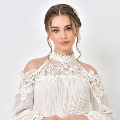 Woman in white lace off-shoulder dress