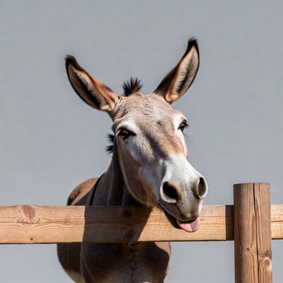 Donkey sticking tongue over fence
