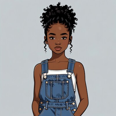 African-American girl in blue overalls