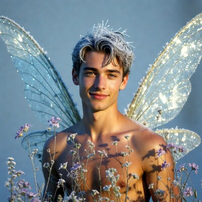 Young man with fairy wings and flowers