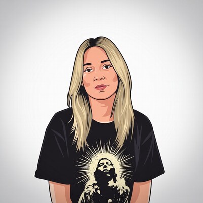 Blonde woman in black Jesus t-shirt illustration
