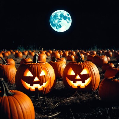 Jack-o-lanterns under full moon