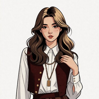 Asian woman in vest and skirt illustration