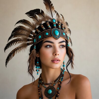 Woman in turquoise feather headdress