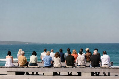 Group sitting on bench by ocean