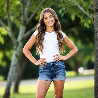 Smiling girl in white top and denim shorts