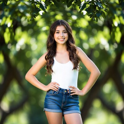 Smiling girl in white tank top and denim shorts