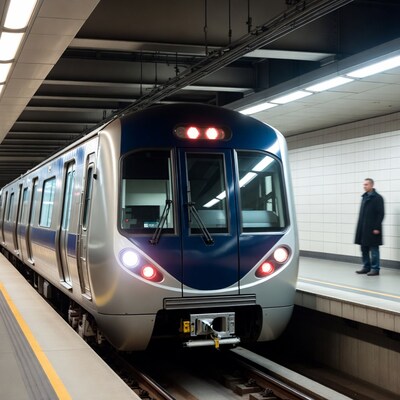 Blue subway train at platform with man