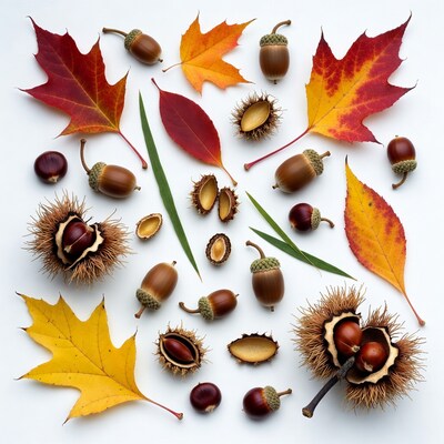 Fall Leaves Acorns Chestnuts White Background