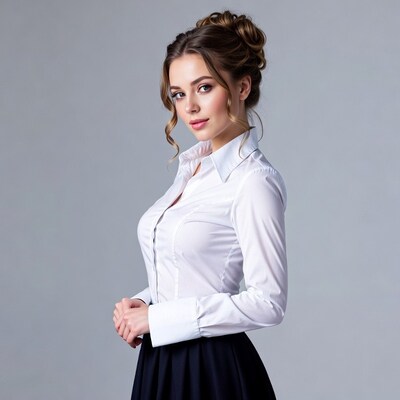 Woman in white blouse and black skirt