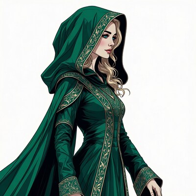 Blonde woman in green hooded cloak