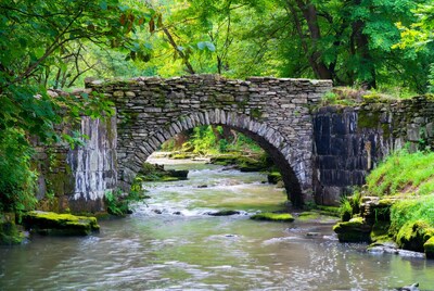 Stone arch bridge over forest stream