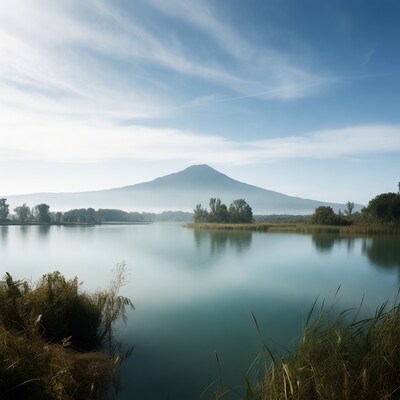Mountain reflected in misty lake