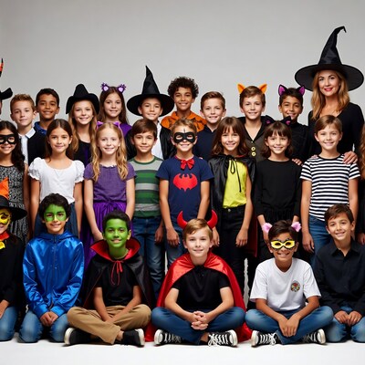 Group of kids in Halloween costumes