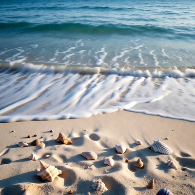 Seashells on beach with waves