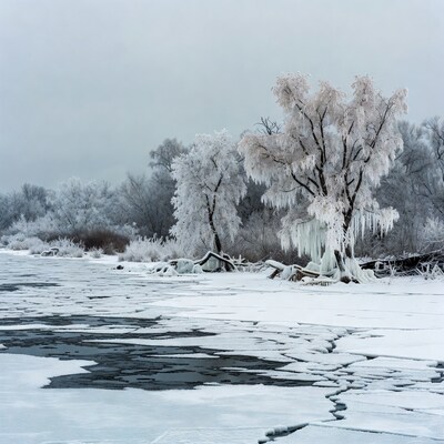 Frost-covered trees by frozen river