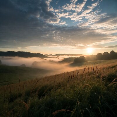 Sunrise over misty hills and grass