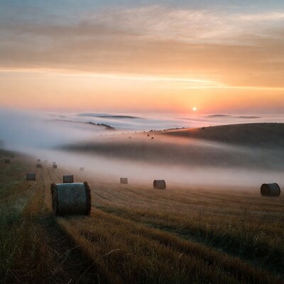 Hay bales in misty sunrise field