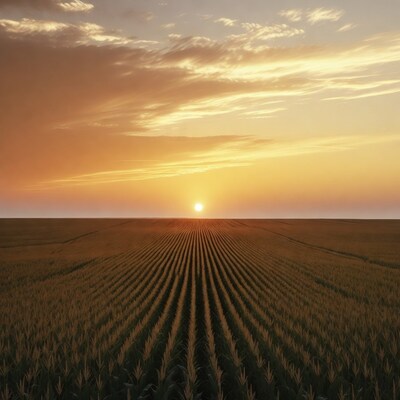 Sunset over cornfield rows