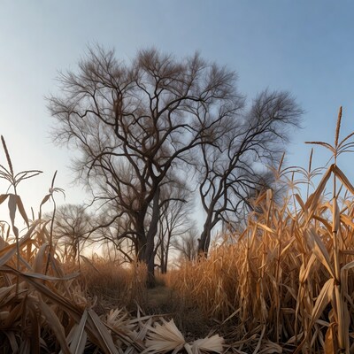 Bare Trees in Golden Corn Field