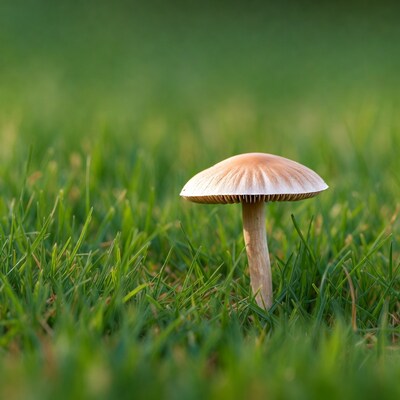 Single Mushroom on Green Grass