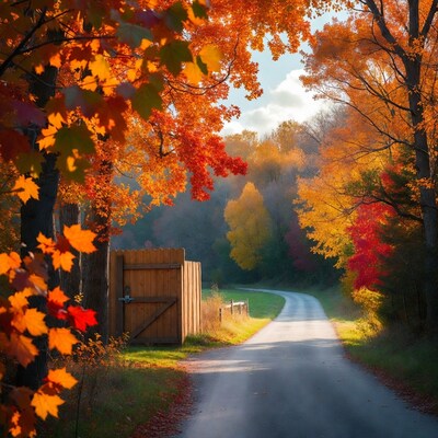 Autumn Road with Wooden Gate