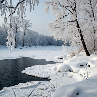 Snowy Trees by Frozen River