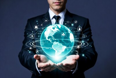 Man holding digital globe